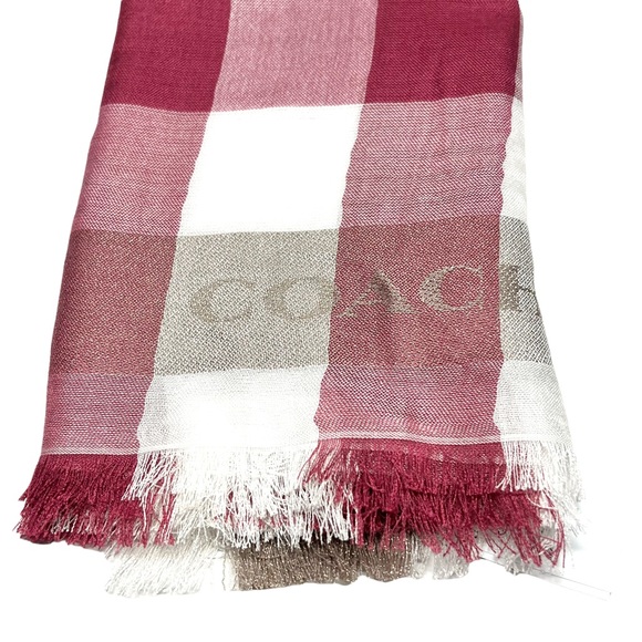 COACH Soft Cashmere Blend Plaid Red White Tan Shimmer Fringe Oversized Scarf NEW - Picture 3 of 5